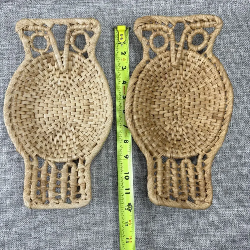 Woven Wicker Owl Baskets Set of 2 Boho Wall Decor Catchall Tray Natural Vintage